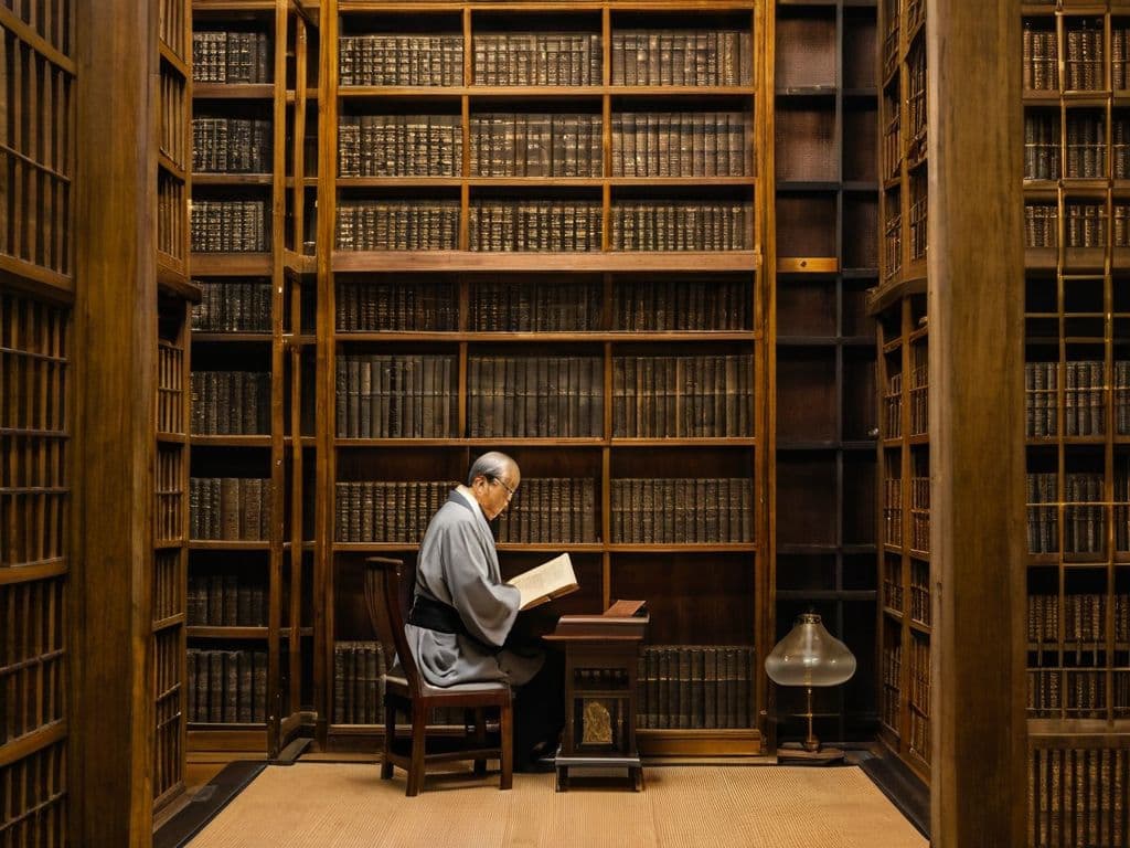 書架の並ぶ部屋で、机に向かって本を読む人